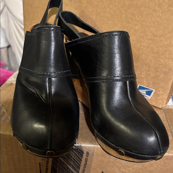 See By Chloe Black Leather Clogs with Wooden Platform